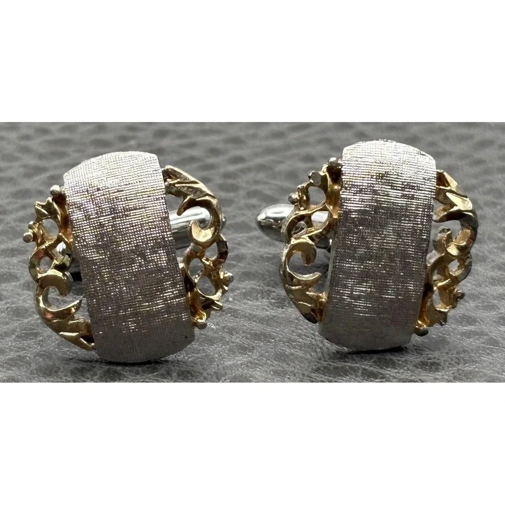 Vintage Swank Silver Tone & Gold Tone Ornate Cufflinks Decorative Scroll Design